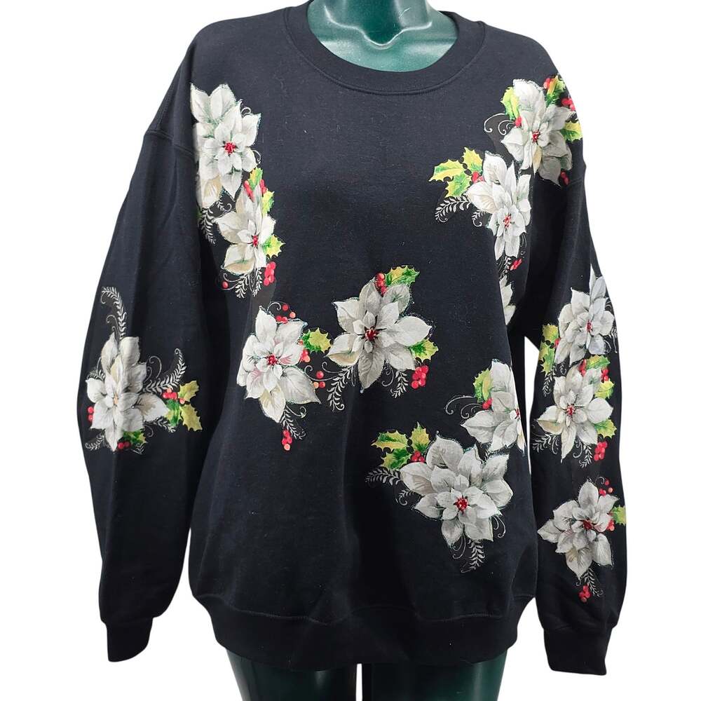 Vintage Black White Poinsettia Ugly Christmas Crewneck Sweatshirt L Grandmacore